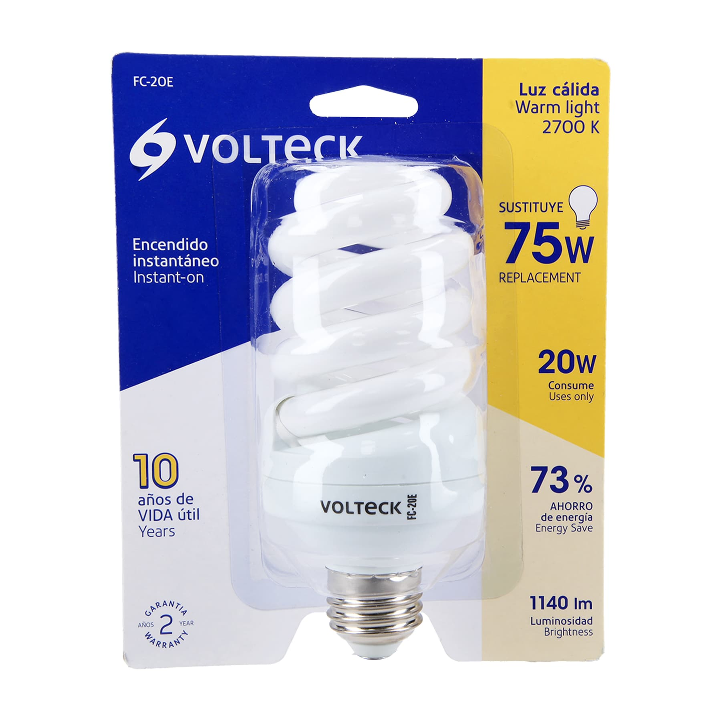 Lámpara 20 W, espiral, luz cálida, T4, en blister, Volteck