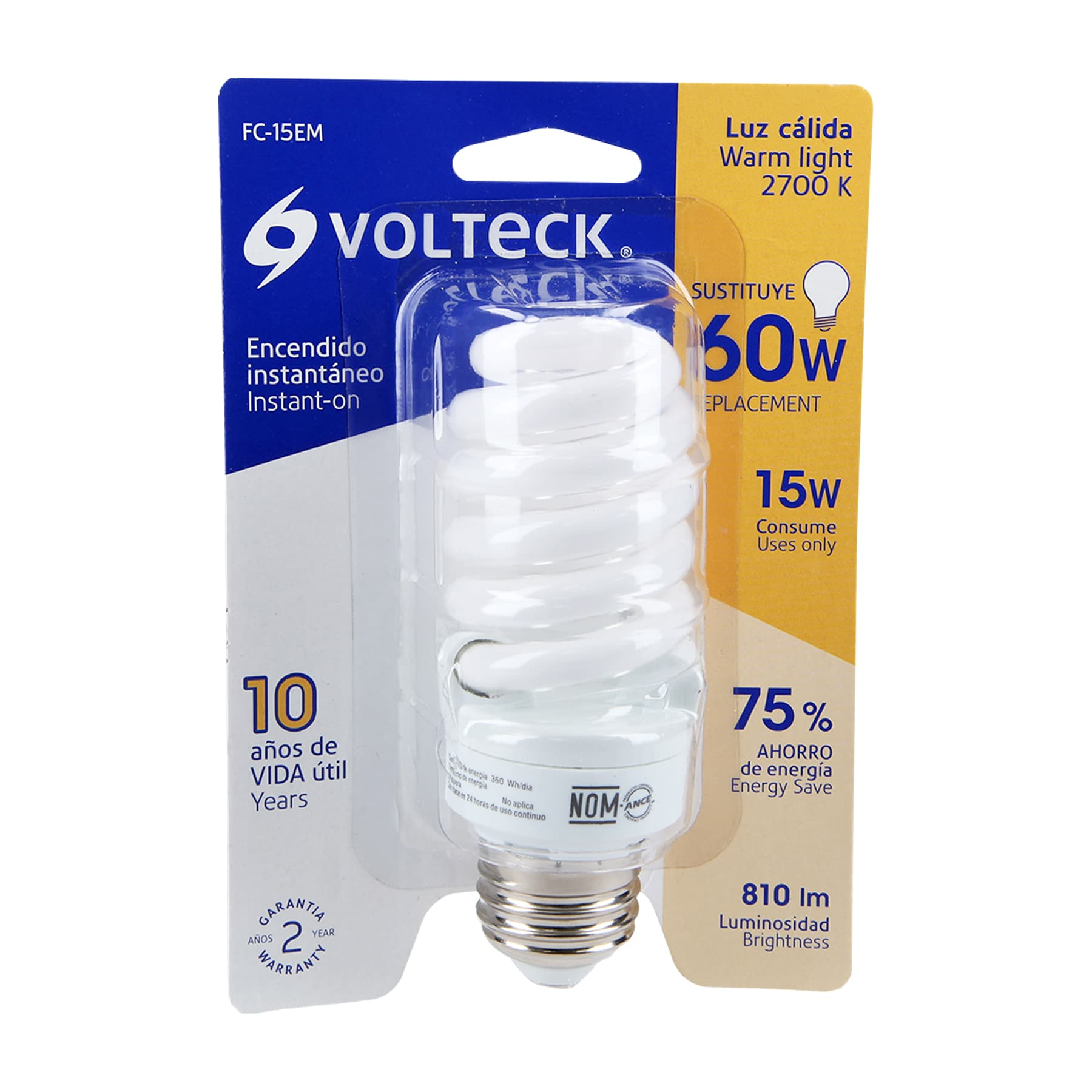 Lámpara 15 W, espiral mini, luz cálida, T2, en blister