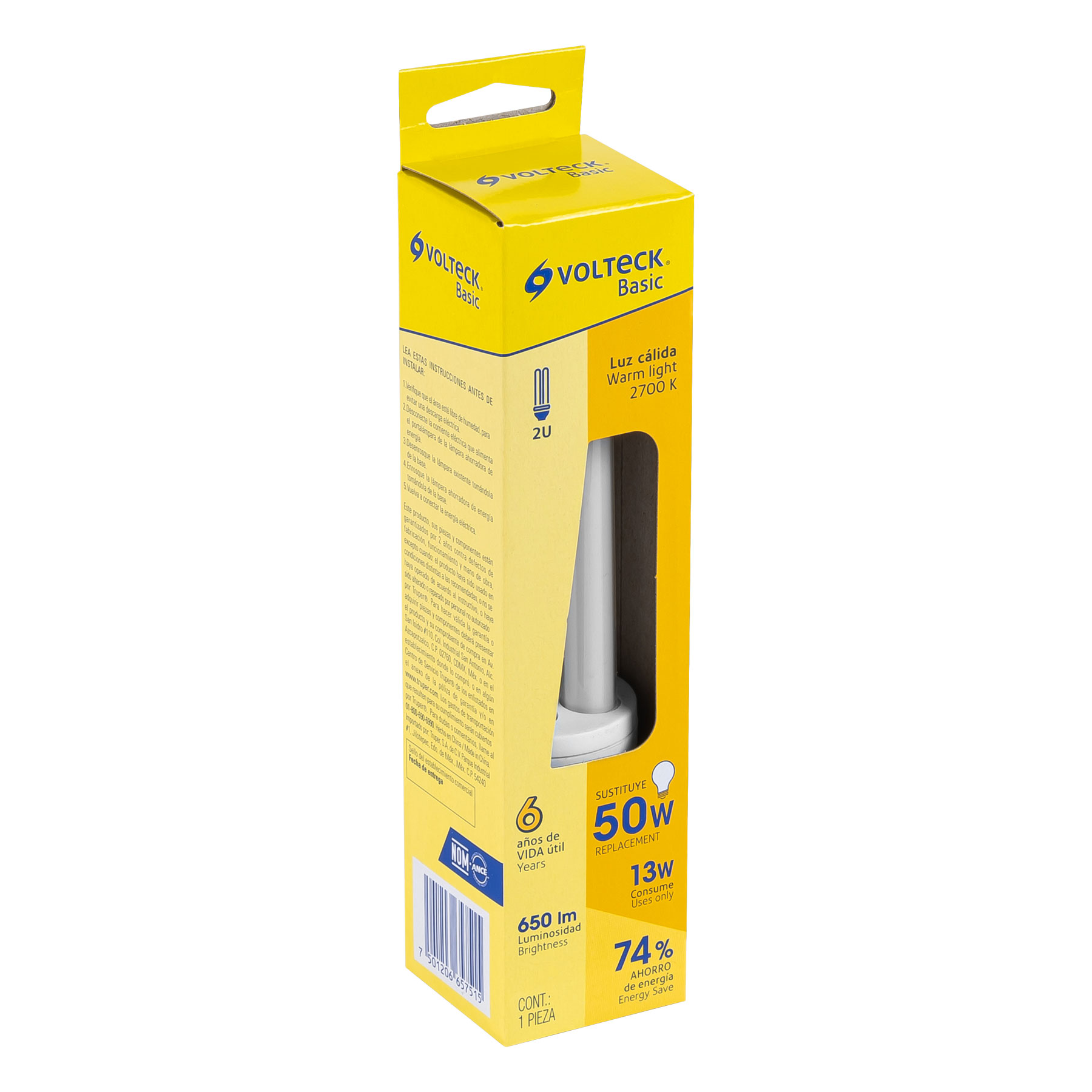 Lámpara 13 W, dobles, luz cálida, T4, en caja, Volteck basic