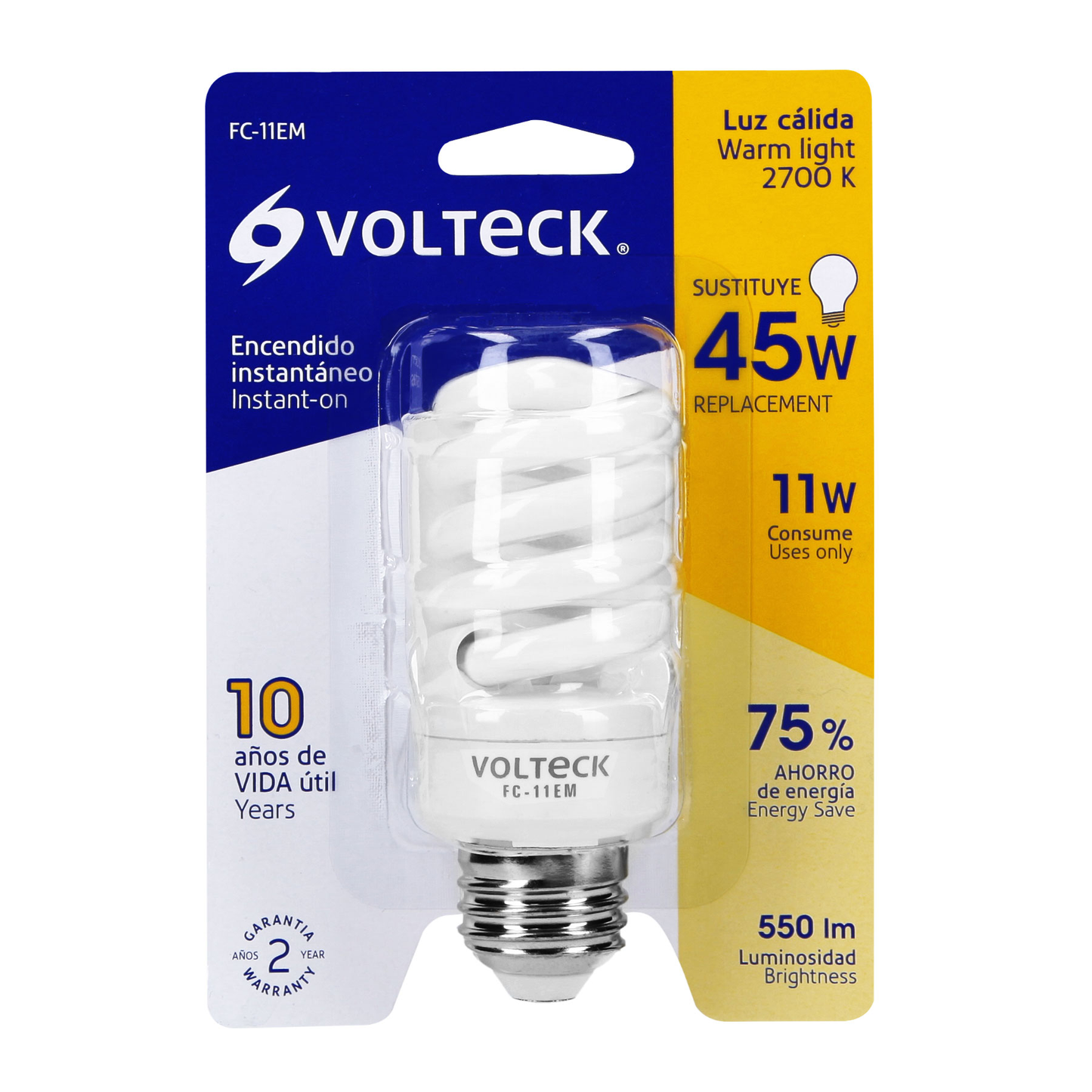 Lámpara 11 w, espiral mini, luz cálida, T2, blister, Volteck