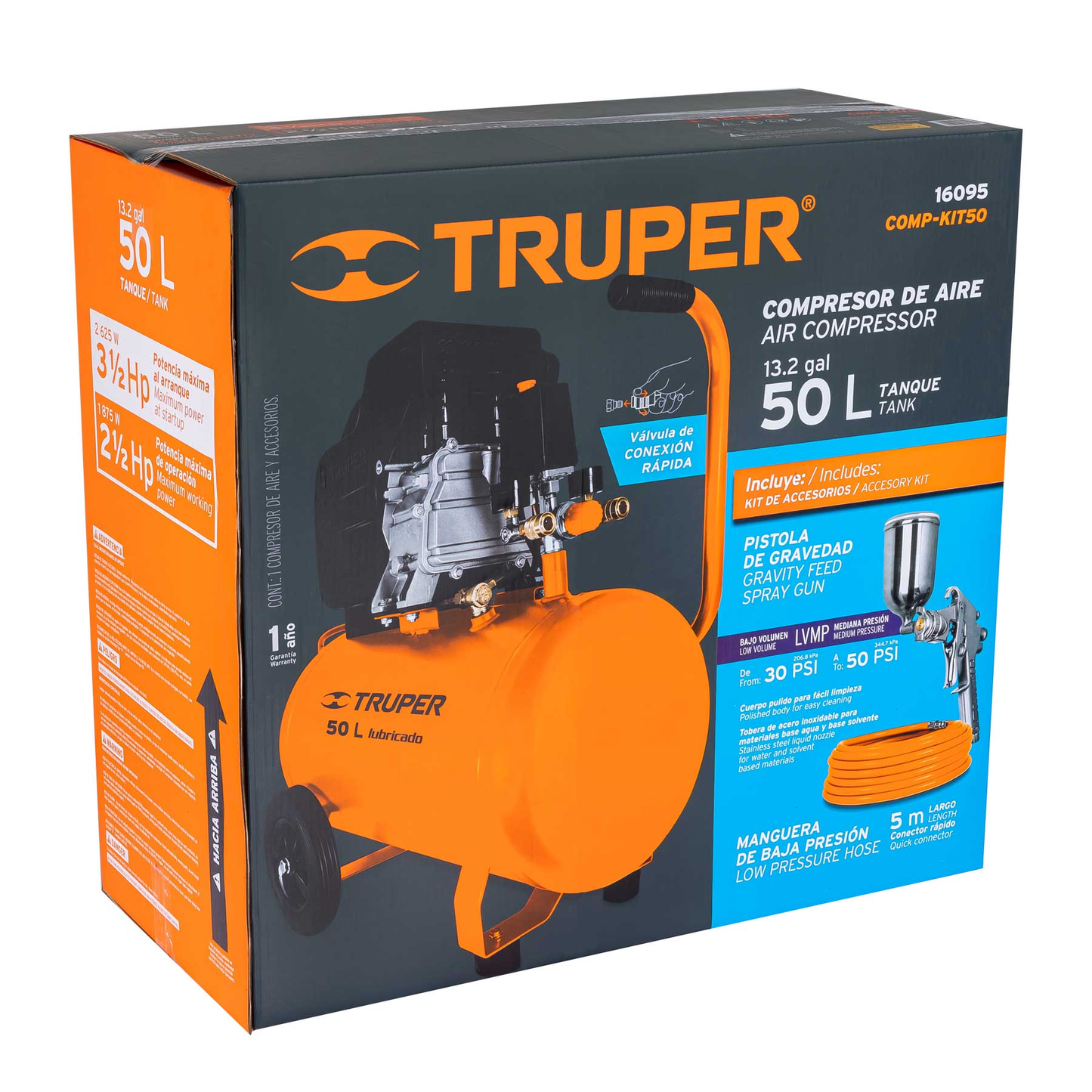 Kit, compresor 50 L, 4-1/2 HP, manguera de PVC y pistola