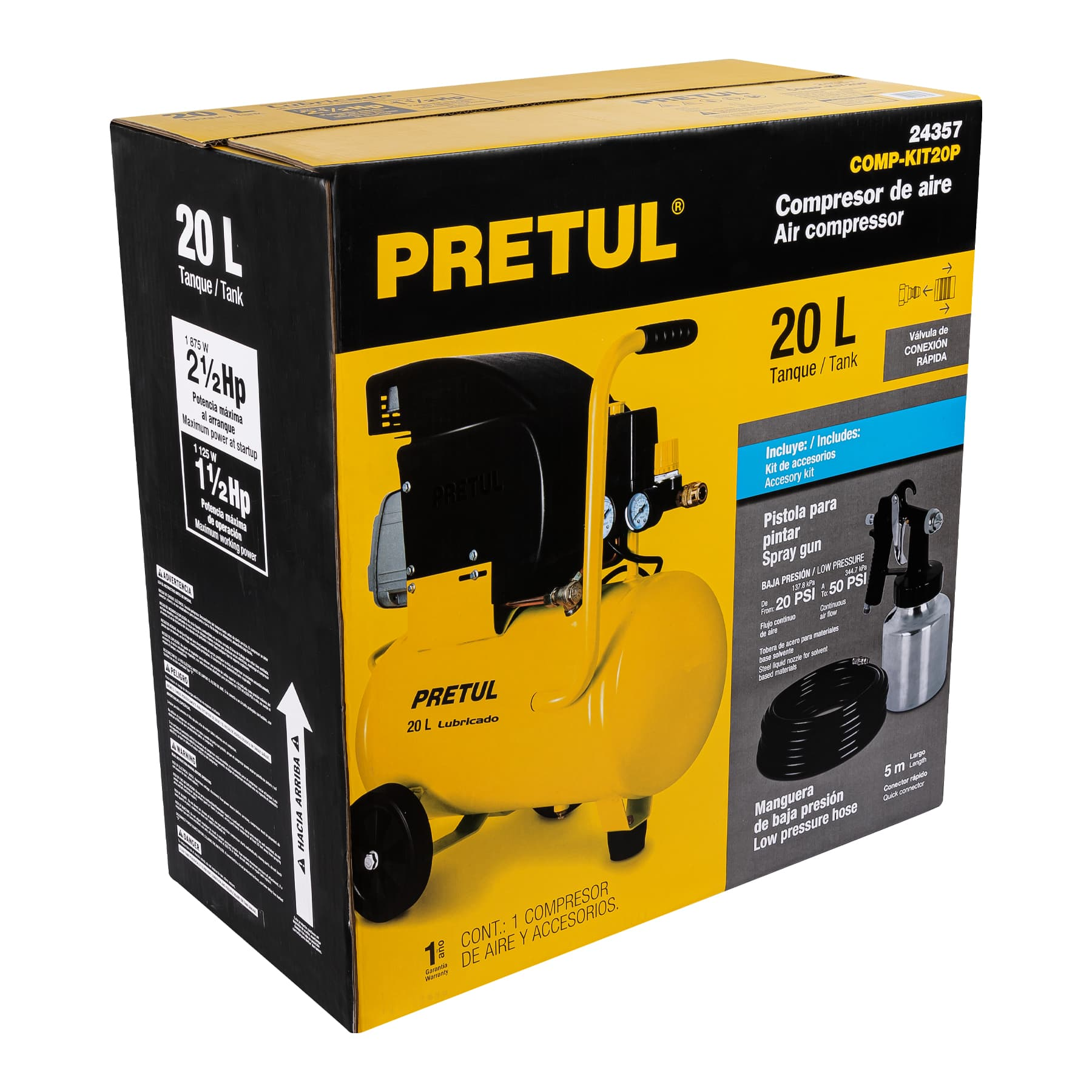 Kit, compresor 20 L ,3-1/2 HP,manguera PVC y pistola ,Pretul