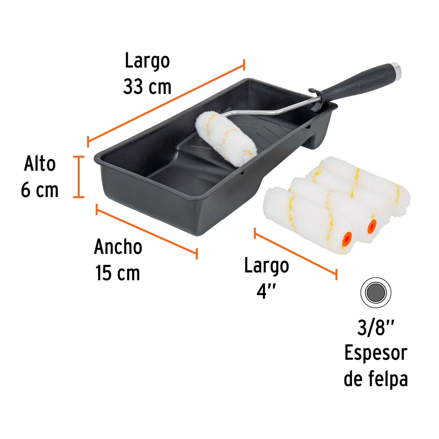 Kit de rodillo para pintar, 4" (maneral, charola y felpa)