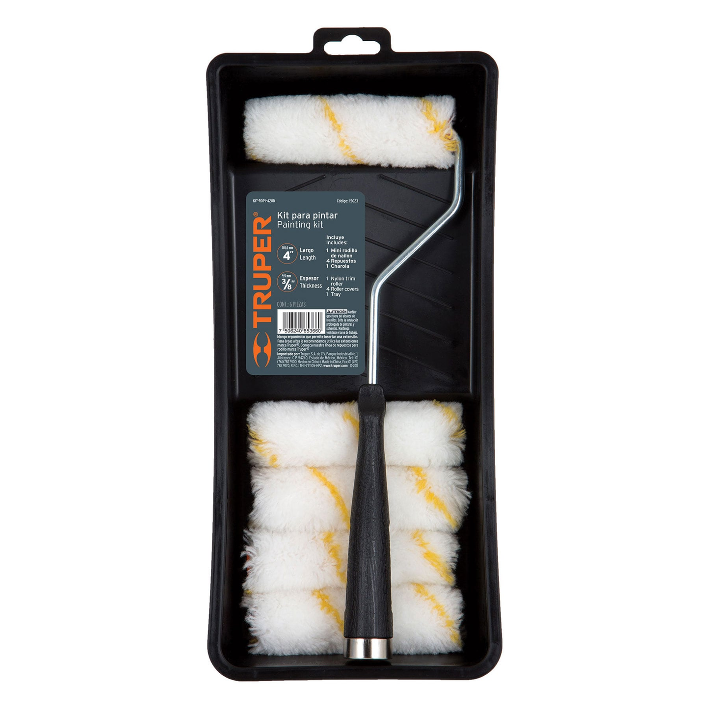 Kit de rodillo para pintar, 4" (maneral, charola y felpa)