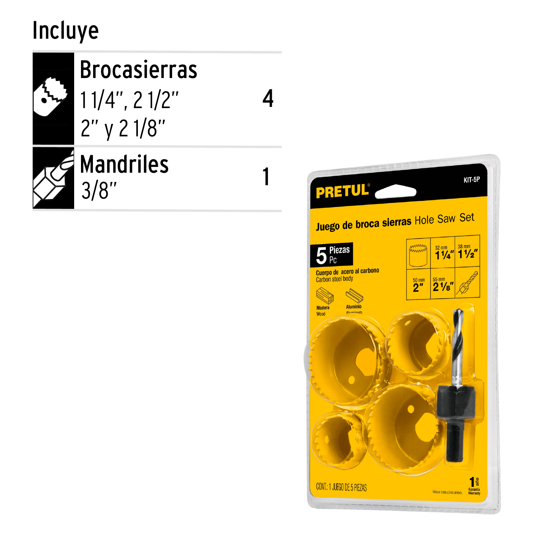 Kit 5 brocasierras para madera, blister, Pretul