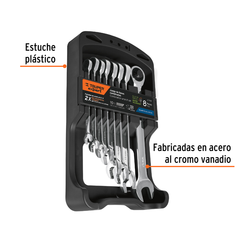 Juego llaves combinadas con matraca, 8pzas, mm,Truper Expert