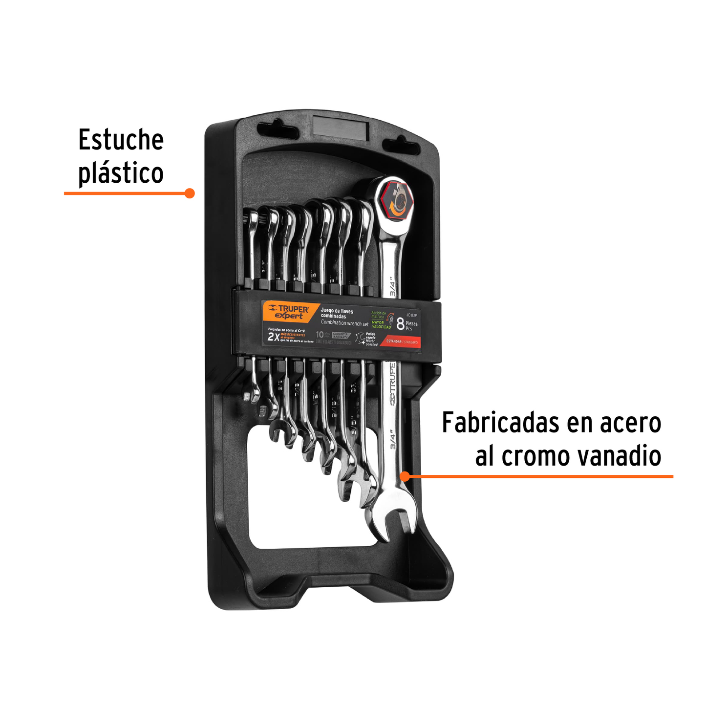 Juego llaves combinadas con matraca, 8 pzas, Truper Expert