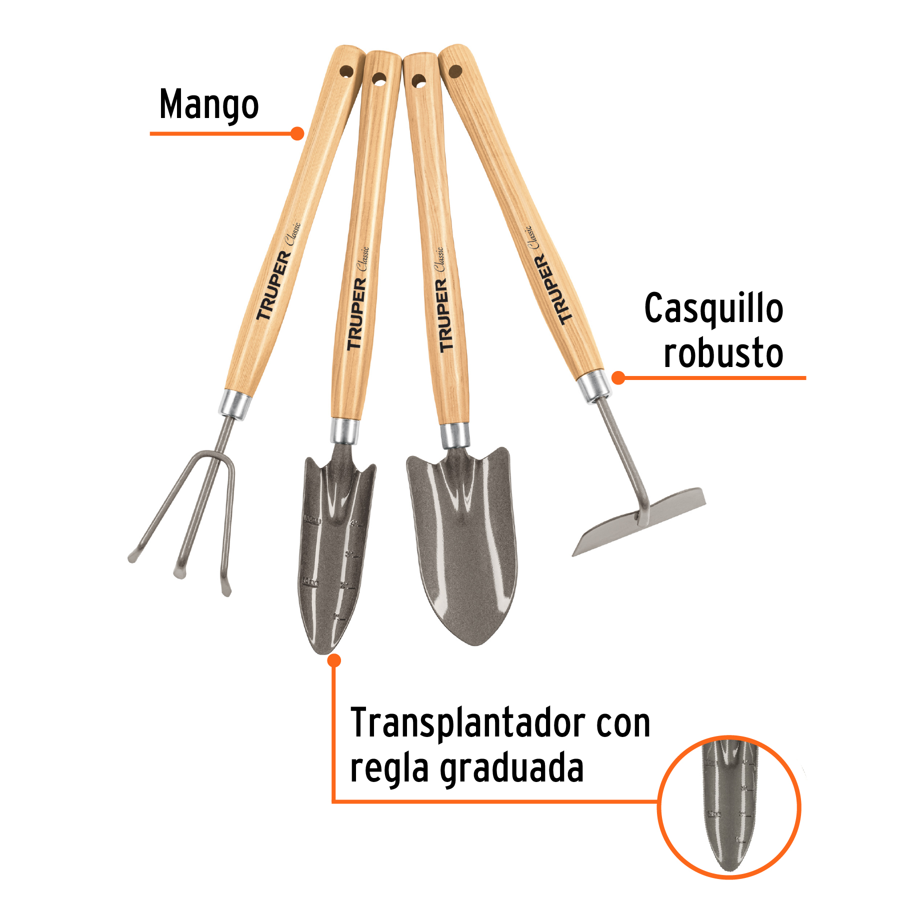 Juego herramientas para jardín 4 piezas, 15"