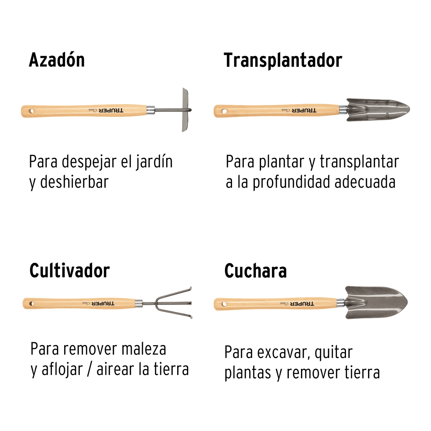 Juego herramientas para jardín 4 piezas, 15"