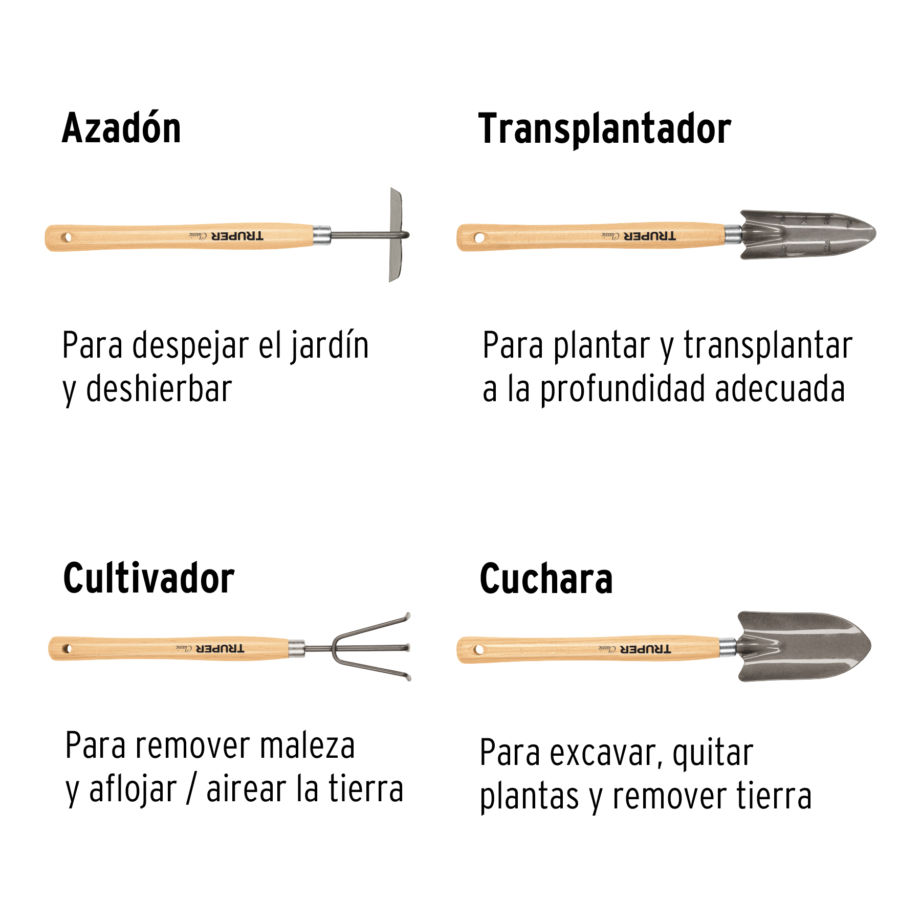 Juego herramientas para jardín 4 piezas, 15"