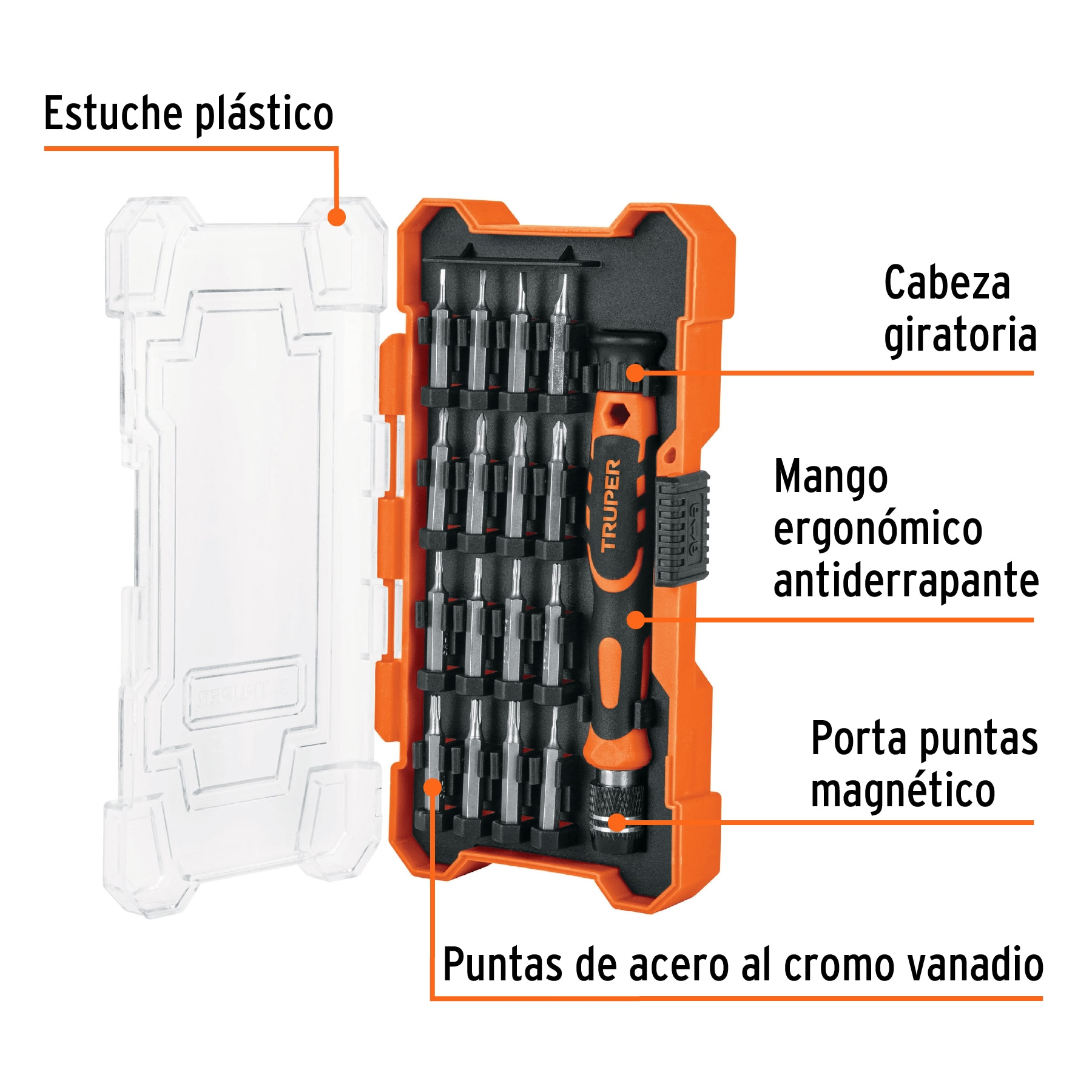 Juego desarmadores precisión, puntas intercambiables, 17pzas