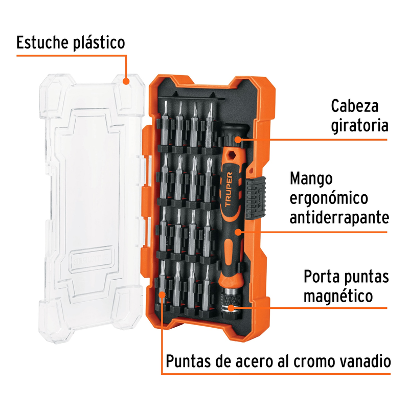 Juego desarmadores precisión, puntas intercambiables, 17pzas