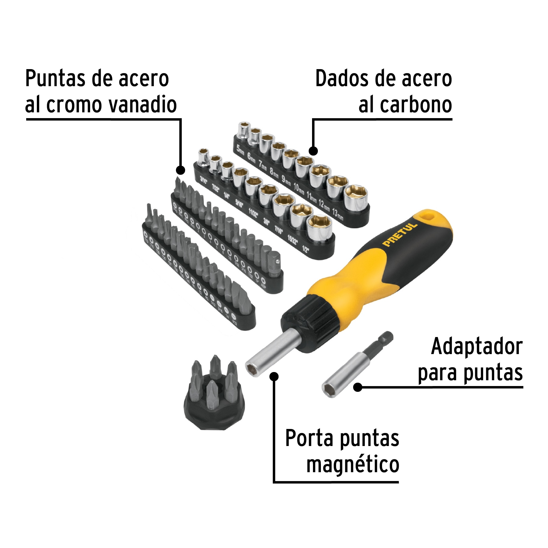 Juego desarmador de matraca, puntas/dados, 61 piezas, pretul