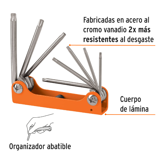 Juego de llaves Torx, 8 piezas, tipo navaja, cuerpo lámina