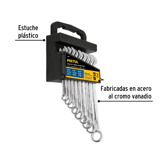 Juego de llaves combinadas, 9 piezas, milimétricas, pretul