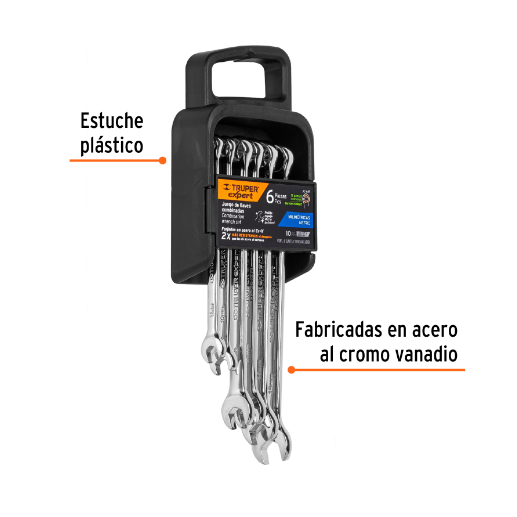 Juego de llaves combinadas, 6 piezas, pulidas, milimétricas