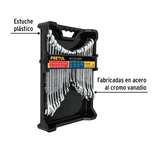 Juego de llaves combinadas, 22 piezas, std y mm, Pretul
