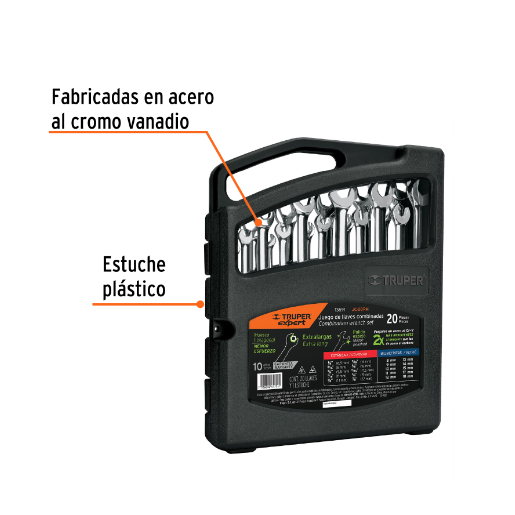 Juego de llaves combinadas, 20 piezas, pulidas en maletín