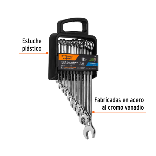 Juego de llaves combinadas, 11 piezas, pulidas, milimétricas