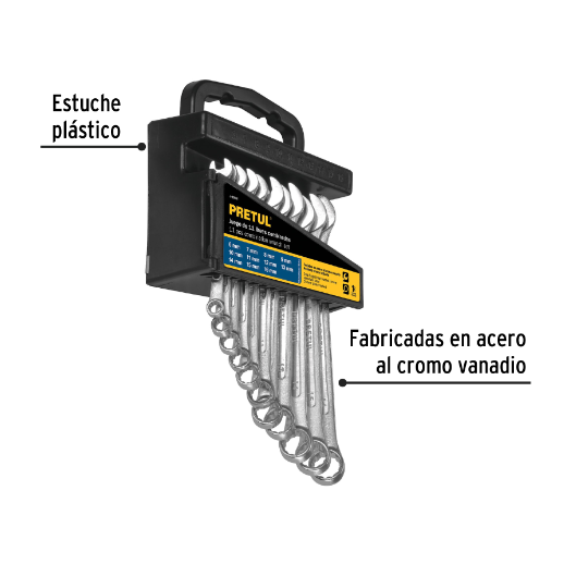 Juego de llaves combinadas, 11 piezas, milimétricas, pretul