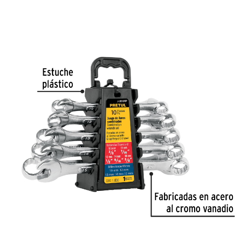 Juego de llaves combinadas, 10 piezas, std y mm, pretul