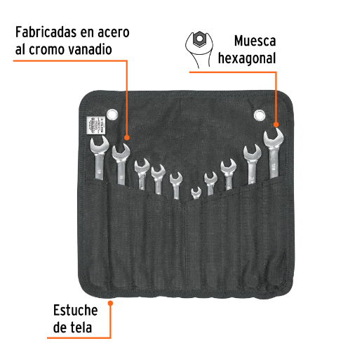 Juego de llaves combinadas, 10 piezas, pulidas en estuche