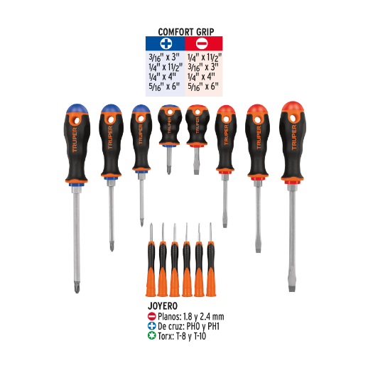 Juego de desarmadores, mango comfort grip, 14 piezas,blister