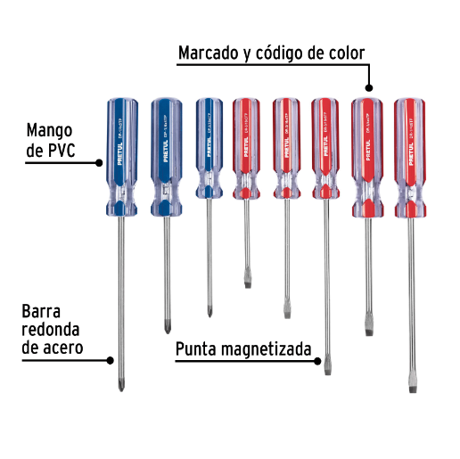 Juego de desarmadores, 8 piezas, mango pvc, pretul