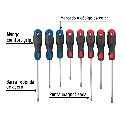 Juego de desarmadores, 8 piezas, mango comfort grip, pretul