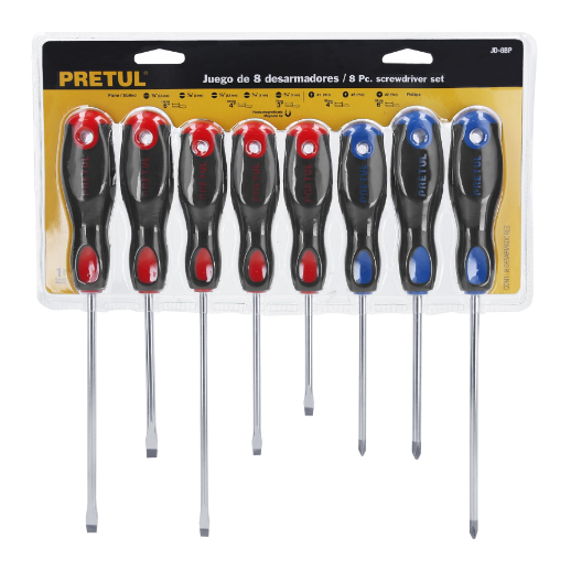 Juego de desarmadores, 8 piezas, mango comfort grip, pretul