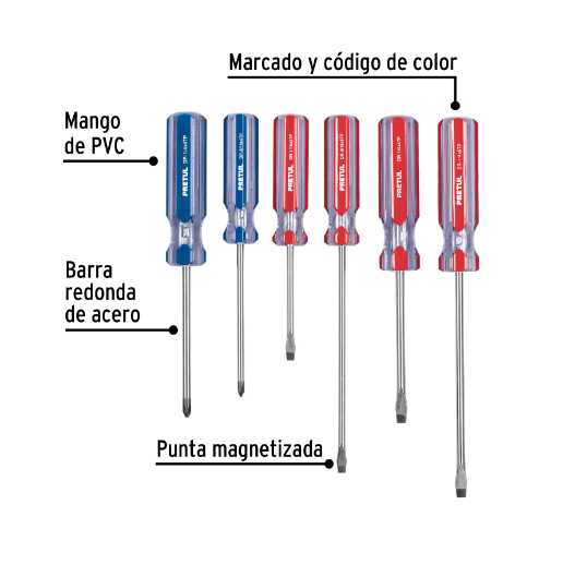Juego de desarmadores, 6 piezas, mango pvc, pretul