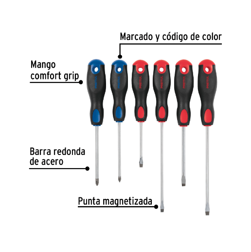 Juego de desarmadores, 6 piezas, mango comfort grip, pretul