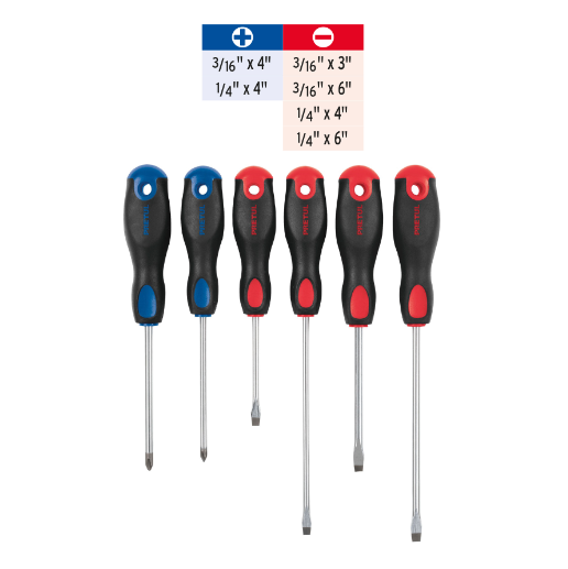 Juego de desarmadores, 6 piezas, mango comfort grip, pretul