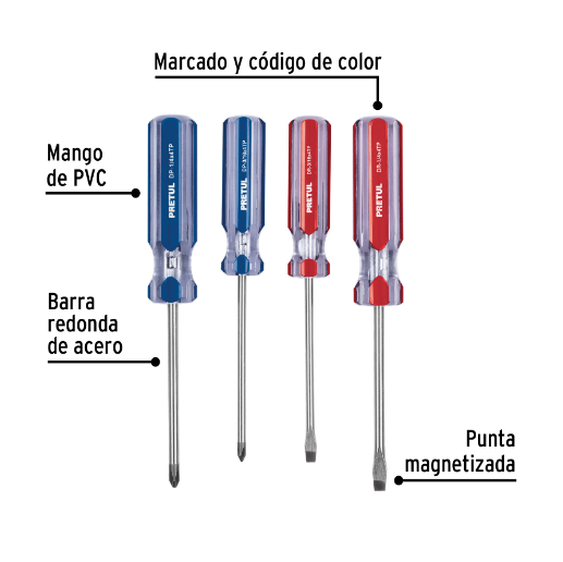 Juego de desarmadores, 4 piezas, mango pvc, pretul