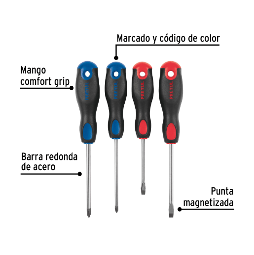 Juego de desarmadores, 4 piezas, mango comfort grip, pretul