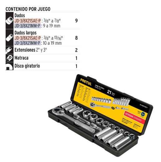 Juego de dados, cuadro 3/8", 21 pzas, standard, pretul