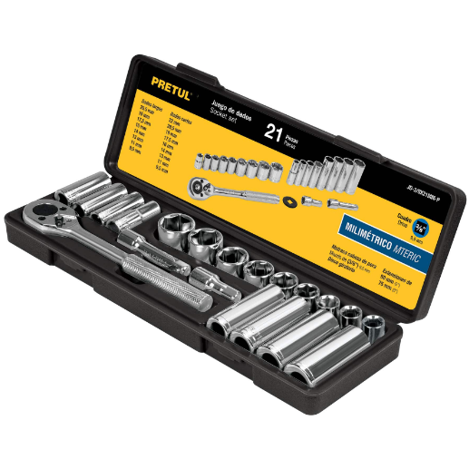 Juego de dados, cuadro 3/8", 21 pzas, milimétricos, pretul
