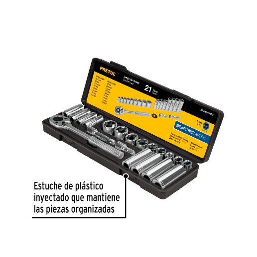 Juego de dados, cuadro 3/8", 21 pzas, milimétricos, pretul