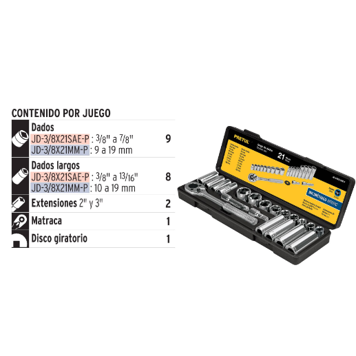 Juego de dados, cuadro 3/8", 21 pzas, milimétricos, pretul