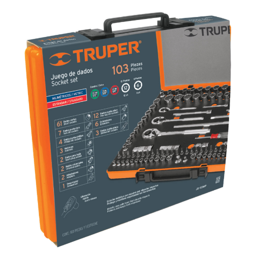 Juego de dados, cuadro 1/4, 3/8 y 1/2", 103 piezas, std y mm