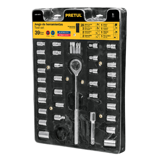 Juego de dados, cuadro 1/4, 3/8 y 1", 39 pzas, Pretul, bolsa