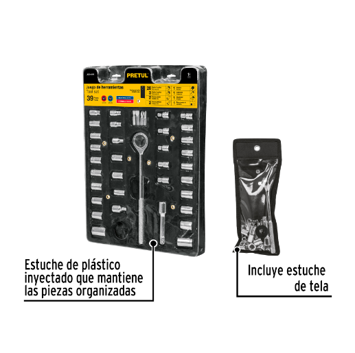 Juego de dados, cuadro 1/4, 3/8 y 1", 39 pzas, Pretul, bolsa