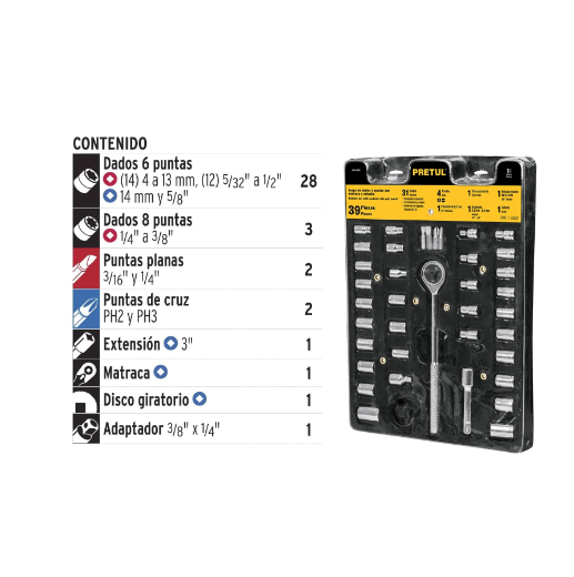 Juego de dados, cuadro 1/4, 3/8 y 1", 39 pzas, Pretul, bolsa