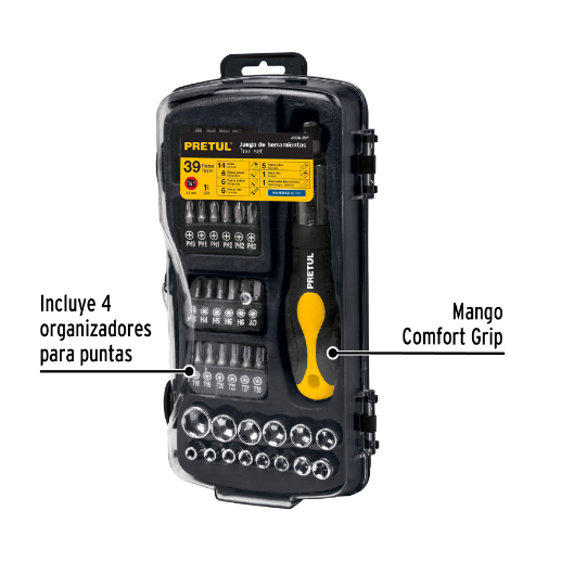 Juego de dados, cuadro 1/4", 39 piezas, Pretul