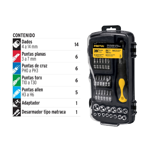 Juego de dados, cuadro 1/4", 39 piezas, Pretul