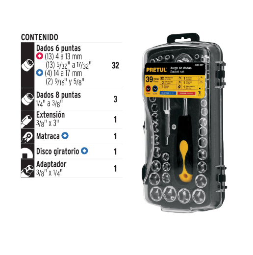 Juego de dados, cuadro 1/4 y 3/8", 39 piezas, Pretul