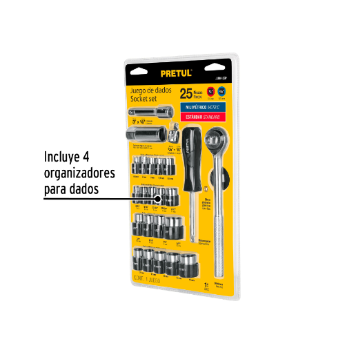 Juego de dados, cuadro 1/4 y 3/8", 25 piezas, Pretul