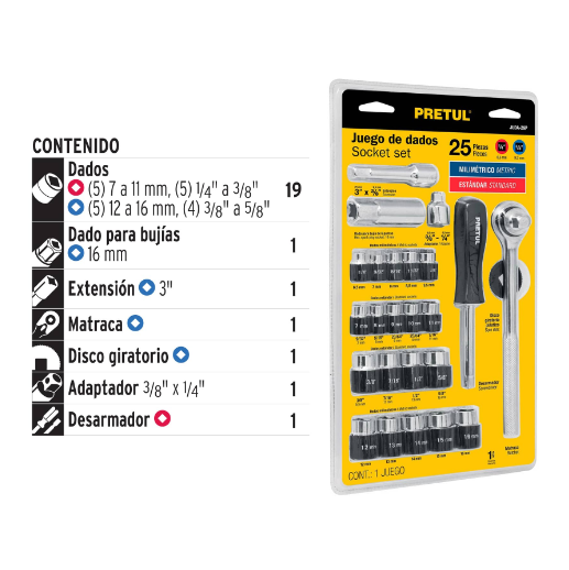 Juego de dados, cuadro 1/4 y 3/8", 25 piezas, Pretul