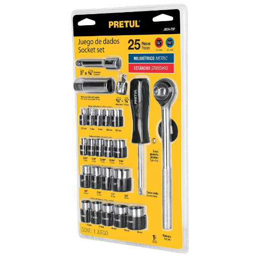 Juego de dados, cuadro 1/4 y 3/8", 25 piezas, Pretul