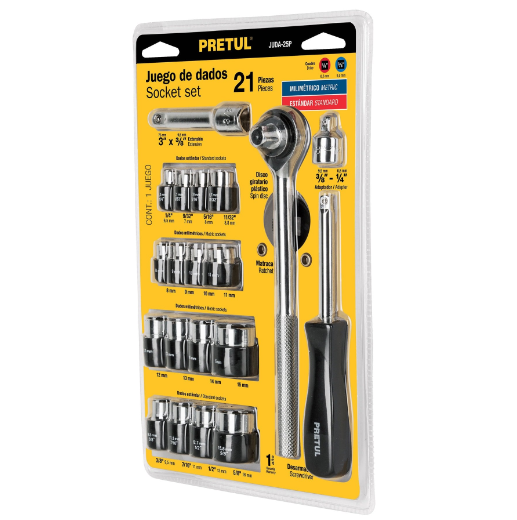 Juego de dados, cuadro 1/4 y 3/8", 21 piezas, Pretul